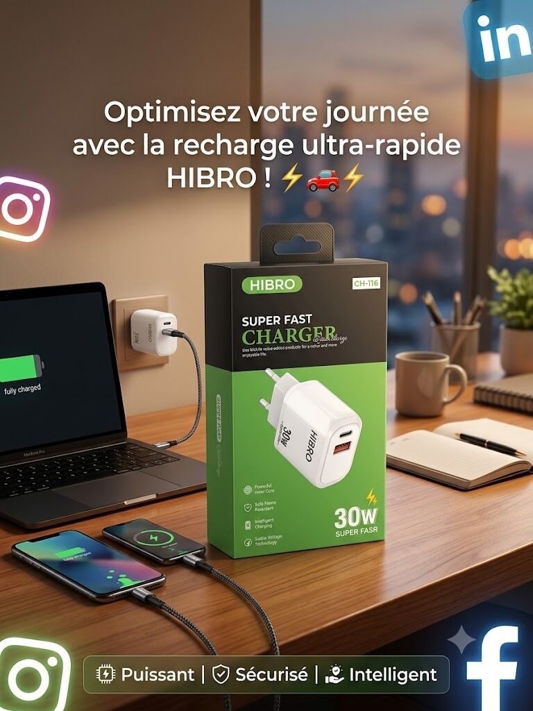 Chargeur Secteur Rapide  30w –dual Port Usb & Type-c(modèle Ch-116) Pack Chargeur Super Fast +