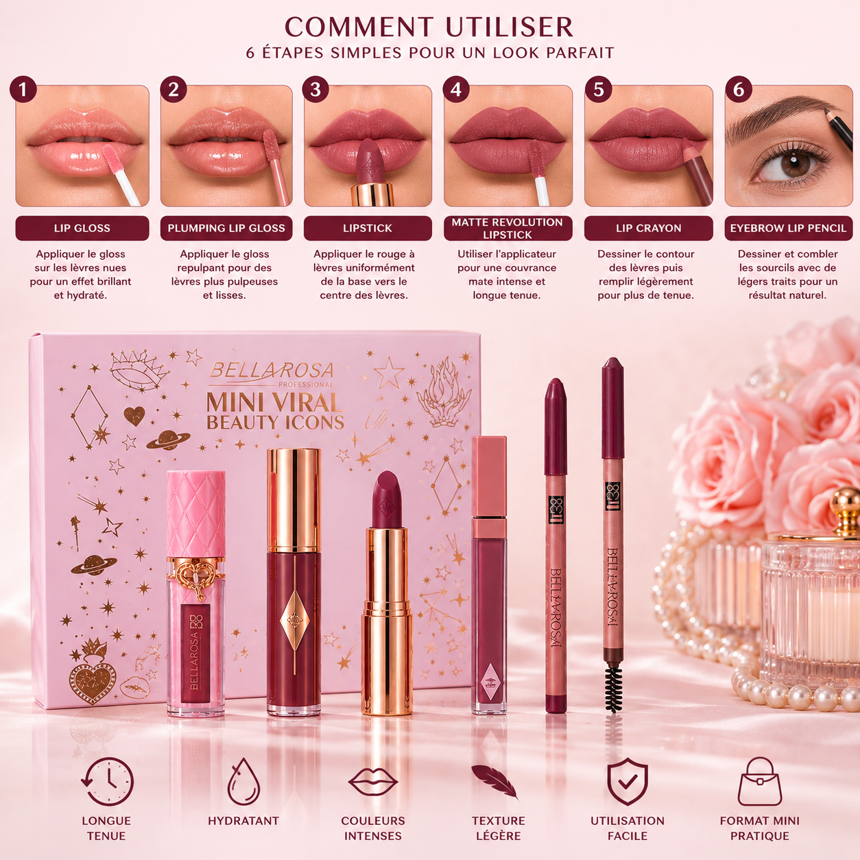Kit Beauté Complet 6-en-1 – Maquillage Lèvres & Sourcils