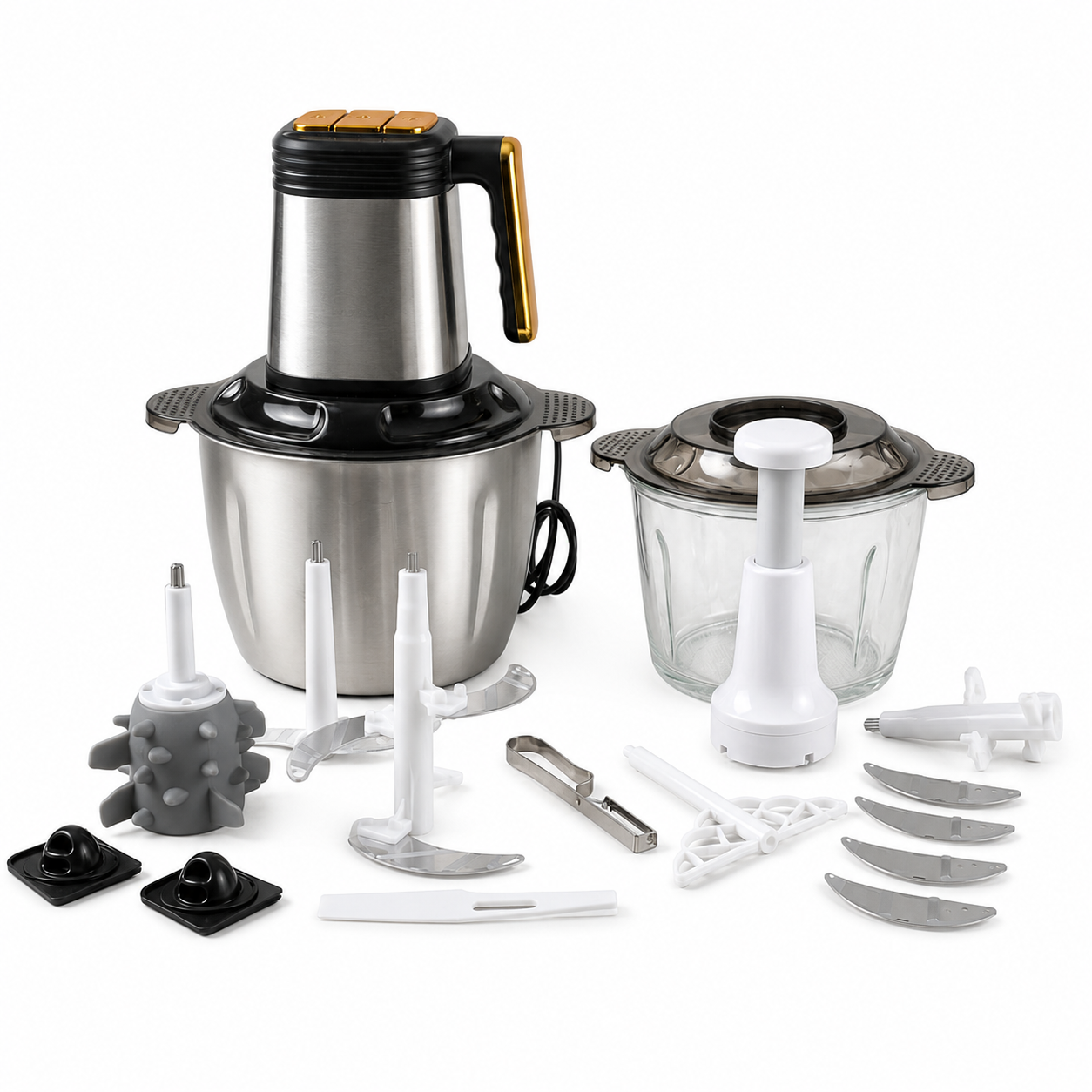 Hachoir Multifonction Afos 1200 W – Set 13 Pièces – Bol Inox 3 L Et Bol En Verre thumbnail 2