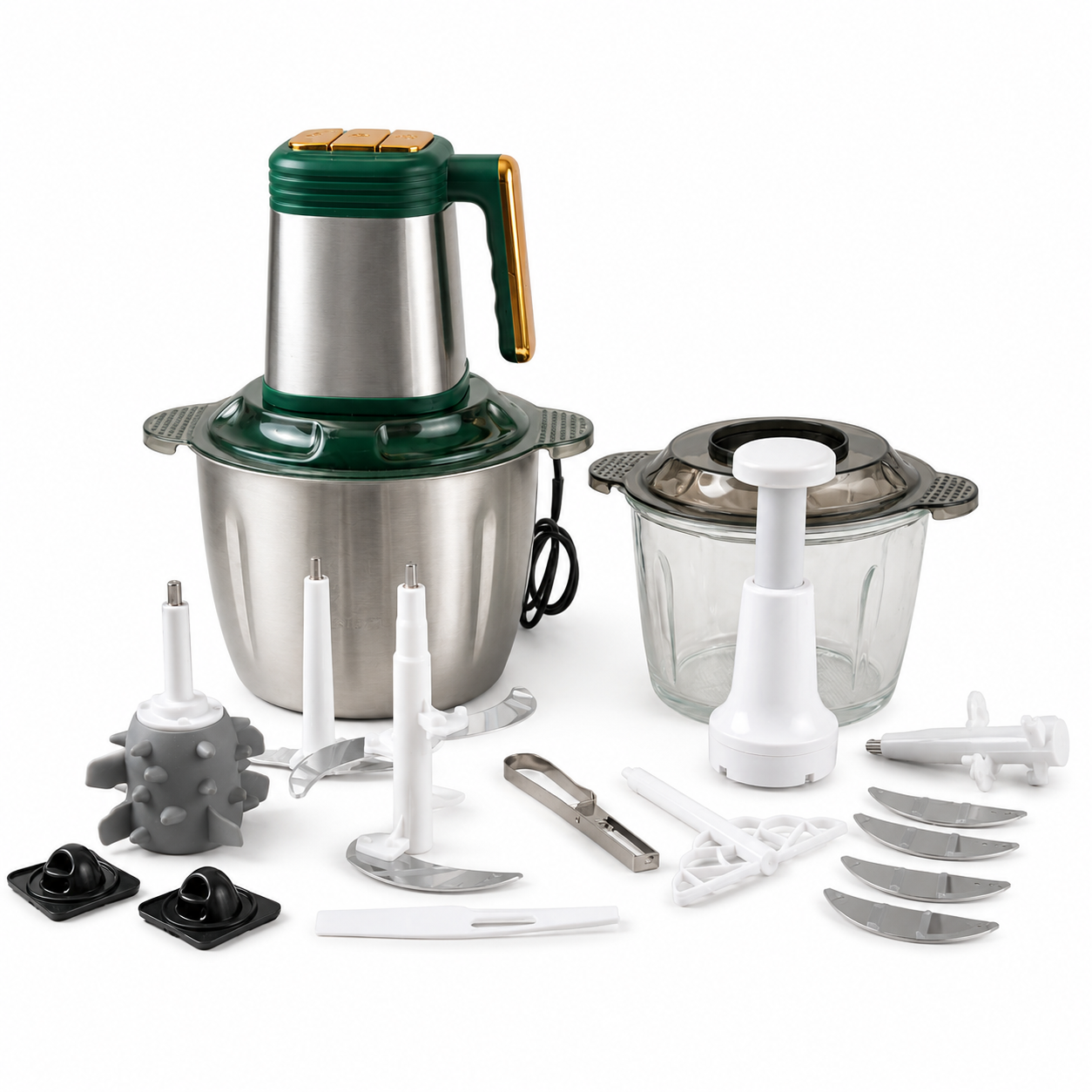Hachoir Multifonction Afos 1200 W – Set 13 Pièces – Bol Inox 3 L Et Bol En Verre thumbnail 3