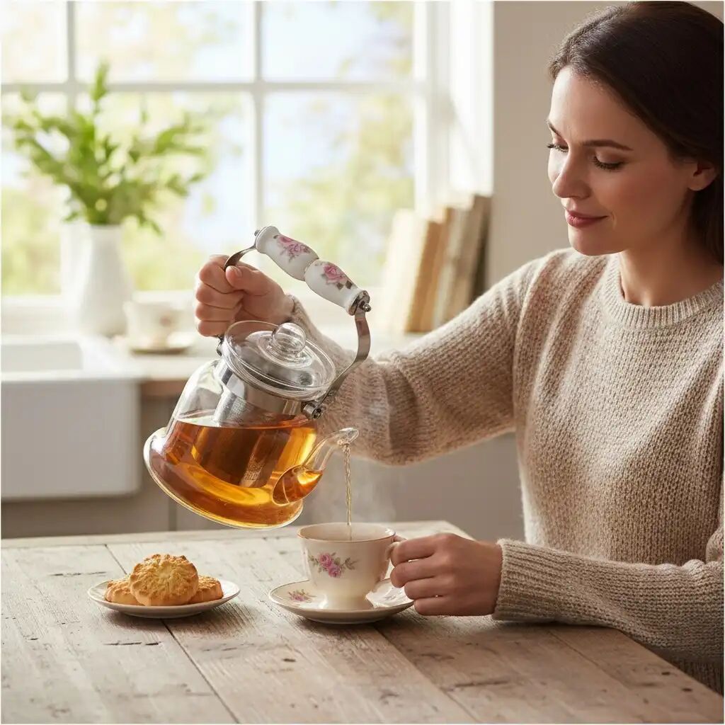 Théière En Verre Poignée En Porcelaine – Filtre Résistant À La Chaleur – Compatible thumbnail 3