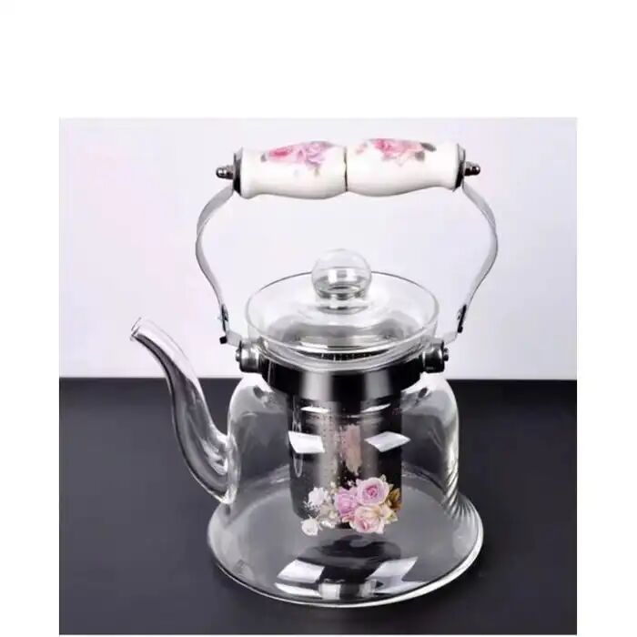 Théière En Verre Poignée En Porcelaine   Filtre Résistant À La Chaleur 